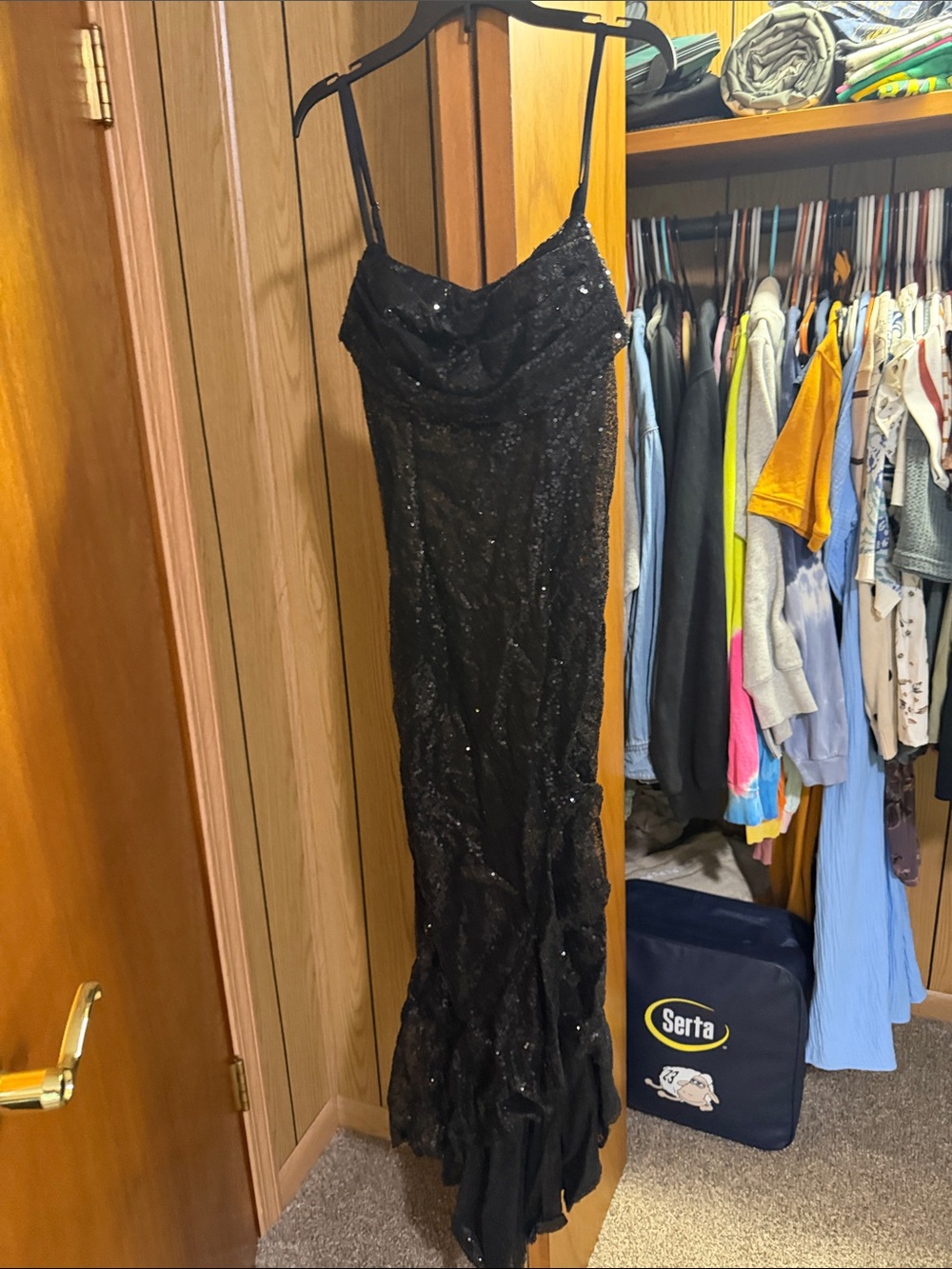 Black Sequin Spaghetti Strap Evening Gown